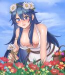  1girl absurdres armlet bare_shoulders birthmark blue_eyes blue_hair blush breasts collarbone commission dress fire_emblem fire_emblem_awakening fire_emblem_heroes flower hair_between_eyes hair_flower hair_ornament hazuki_(nyorosuke) head_wreath highres holding holding_flower long_hair looking_down loose_clothes lucina_(fire_emblem) lucina_(valentine)_(fire_emblem) nipples official_alternate_costume open_mouth outdoors skeb_commission sleeveless sleeveless_dress small_breasts solo symbol_in_eye wardrobe_malfunction white_dress 