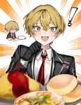  ! 1boy bishounen black_gloves blonde_hair chibi fang food gloves highres limbus_company male_focus mu46016419 necktie omelet omurice open_mouth project_moon red_necktie short_hair sinclair_(project_moon) solo suit sweat upper_body 