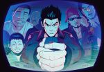  6+boys :o adjusting_eyewear bald bandaid bandaid_on_face bandana black_hair brown_jacket character_request controller english_commentary facial_hair hazuki_ryou highres jacket jewelry joystick long_sleeves multiple_boys mustache necklace reflection shenmue smirk space_harrier sunglasses tom_waterhouse 