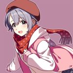  1girl artist_name blush breasts grey_eyes grey_hair hand_up hat idolmaster idolmaster_cinderella_girls idolmaster_cinderella_girls_starlight_stage jacket long_sleeves looking_at_viewer mikapoe open_clothes open_jacket open_mouth otokura_yuuki pink_jacket polka_dot polka_dot_scarf purple_background red_headwear red_scarf scarf shirt short_hair signature simple_background small_breasts smile solo upper_body white_shirt 