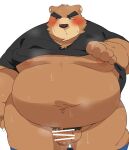  0119_muu 2023 anthro bear belly big_belly blush bodily_fluids brown_body censored clothed clothing clothing_lift flaccid genitals hi_res humanoid_hands kemono male mammal moobs musk navel nipples obese obese_male overweight overweight_male penis pubes shirt shirt_lift solo sweat topwear 