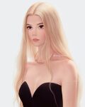  1girl anya_taylor-joy black_dress black_eyes blonde_hair commentary_request dress eyelashes highres jewelry lips long_hair mixed-language_commentary necklace portrait real_life realistic signature teeth umigraphics upper_body very_long_hair 