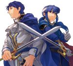  2boys a_(user_vtsy8742) ascot black_ascot blue_cape blue_eyes blue_hair blue_shirt cape closed_mouth commentary_request crossed_swords father_and_son fire_emblem fire_emblem:_genealogy_of_the_holy_war gloves headband highres holding holding_sheath holding_sword holding_weapon long_hair long_sleeves looking_at_viewer male_focus multiple_boys ponytail red_cape seliph_(fire_emblem) sheath shirt short_hair sigurd_(fire_emblem) smile sword two-tone_cape tyrfing_(fire_emblem) weapon white_background white_gloves white_headband white_shirt 