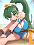  1girl absurdres beach belt bikini blue_bikini breasts cleavage earrings fire_emblem fire_emblem:_the_blazing_blade fire_emblem_heroes flower gonzarez green_eyes green_hair hair_flower hair_ornament highres jewelry large_breasts long_hair lyn_(fire_emblem) lyn_(summer)_(fire_emblem) ocean official_alternate_costume outdoors palm_tree ponytail solo split stretching swimsuit thighs tree very_long_hair yellow_flower 