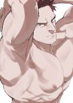  1boy aged_down armpits bara beard_stubble boku_no_hero_academia endeavor_(boku_no_hero_academia) from_above frown highres large_pectorals looking_at_viewer male_focus mature_male migi_(mm86262394) muscular muscular_male nude pectorals shaved_body short_hair sideburns solo spiked_hair thick_eyebrows upper_body 