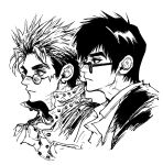  2boys closed_mouth collared_shirt earrings glasses greyscale highres jacket jewelry male_focus mole mole_under_eye monochrome multiple_boys my_nameisyoon nicholas_d._wolfwood portrait profile round_eyewear shirt short_hair simple_background single_earring spiked_hair trigun vash_the_stampede 