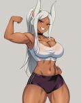  1girl :d animal_ears arm_up armpits ass_visible_through_thighs bare_shoulders black_choker black_shorts boku_no_hero_academia breasts choker cleavage clenched_hand collarbone cowboy_shot crop_top dark-skinned_female dark_skin flexing hand_on_own_hip hevn highres large_breasts long_eyelashes long_hair looking_at_viewer midriff mirko navel parted_bangs ponytail rabbit_ears rabbit_girl red_eyes short_shorts shorts smile solo stomach tank_top teeth thighs toned white_hair white_tank_top 