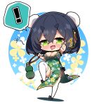  ! 1girl :d ^^^ absurdres black_footwear black_hair blue_background blush breasts bun_cover chibi china_dress chinese_clothes cleavage cleavage_cutout clothing_cutout commentary_request double_bun dress drooling drunk floral_background floral_print full_body gourd green_dress green_eyes hair_between_eyes hair_bun headphones headset highres holding kyoumachi_seika large_breasts milkpanda mouth_drool outstretched_arm pelvic_curtain print_dress shadow shoes short_eyebrows sleeveless sleeveless_dress smile solo spoken_exclamation_mark standing standing_on_one_leg thick_eyebrows thighhighs two-tone_background v-shaped_eyebrows voiceroid white_background white_thighhighs 
