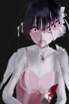  1girl absurdres ahoge black_background black_hair blood blood_from_mouth blood_on_clothes bow broken_glass camisole camisole_over_clothes choppy_bangs clenched_teeth crying crying_with_eyes_open frilled_camisole frills furrowed_brow glass grimace hair_bow highres layered_clothes long_sleeves looking_at_viewer multiple_hair_bows nosebleed original pink_camisole pink_eyes raised_eyebrows romaji_commentary shirt short_hair simple_background solo sweat tears teeth two_side_up uotak upper_body white_bow white_shirt 