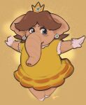  2023 anthro blue_eyes brown_hair clothed clothing crown dress elephant elephant_daisy elephantid female hair hatsumiilkshake headgear hi_res mammal mario_bros nintendo princess_daisy proboscidean simple_background solo 