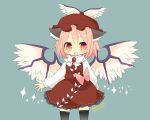 1girl animal_ears bird_ears bird_wings black_thighhighs blush brown_dress brown_headwear dress feathered_wings grey_background hat highres long_sleeves mystia_lorelei one-hour_drawing_challenge open_mouth pink_eyes pink_hair shirt short_hair simple_background smile solo thighhighs touhou twitter_username white_shirt white_wings winged_hat wings yaco_(nuitnotte) 