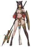  1girl animal_ears black_hair breasts cat_ears egyptian elbow_gloves facstxsb full_body gloves gold gradient_hair halberd highres holding holding_polearm holding_weapon large_breasts long_hair multicolored_hair navel orange_eyes original pelvic_curtain polearm red_hair revealing_clothes shield single_thighhigh skindentation solo spear standing thighhighs two-tone_hair usekh_collar weapon white_background 