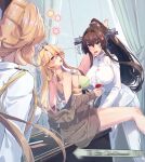  3girls akigumo_(kancolle) alcohol blonde_hair blush bra breasts brown_eyes brown_hair cherry_blossoms cup drinking_glass drunk flower hair_between_eyes hair_flower hair_ornament headgear highres himeyamato holding holding_cup iowa_(kancolle) kantai_collection large_breasts leg_on_another&#039;s_shoulder leg_up long_hair long_sleeves meme multiple_girls open_mouth ponytail thighs to_be_continued underwear very_long_hair walk-in wine wine_glass yamato_(kancolle) yuri 