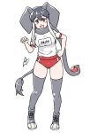  1girl acesrulez african_elephant_(kemono_friends) alternate_costume apple blush boots buruma elephant_ears elephant_girl elephant_tail food fruit full_body grey_footwear grey_hair grey_scarf grey_thighhighs gym_shirt gym_uniform hair_between_eyes hand_on_own_hip kemono_friends name_tag open_mouth orange_eyes red_buruma scarf shirt short_hair short_hair_with_long_locks short_sleeves smile solo t-shirt thighhighs translation_request white_hair 