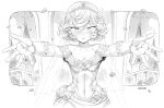  1girl blush breasts bridal_veil bride church cleavage curly_hair dress falling_petals gloves happy highres light_smile looking_at_viewer mogudan one-punch_man outstretched_arms petals reaching reaching_towards_viewer short_hair small_breasts smile solo strapless strapless_dress tatsumaki tiara veil wedding wedding_dress 