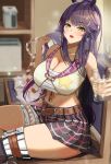  1girl absurdres azuki_(azuki_azukki) bandaged_leg bandages bare_arms bare_shoulders belt black_skirt blurry blurry_background blush breasts brown_belt chest_sarashi cleavage commentary_request crop_top cup drinking_glass highres holding holding_cup indoors large_breasts long_hair looking_at_viewer midriff miniskirt narita_brian_(umamusume) open_mouth plaid plaid_skirt purple_hair sarashi sidelocks sitting skirt solo star_(symbol) star_print stomach thighs umamusume yellow_eyes 