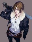  1boy belt black_gloves black_jacket black_pants blue_eyes brown_background brown_hair cropped_jacket crossed_belts expressionless final_fantasy final_fantasy_viii fur-trimmed_jacket fur_trim gloves gunblade highres holding holding_weapon jacket jewelry leather_belt long_sleeves male_focus multiple_belts necklace nini_tw99 open_clothes open_jacket over_shoulder pants scar scar_on_face scar_on_forehead shirt short_hair simple_background solo squall_leonhart standing v-neck weapon weapon_over_shoulder white_shirt 