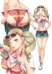  1girl absurdres ass belt bikini blonde_hair blue_eyes breasts cleavage commission commissioner_upload eyewear_on_head hands_on_own_hips highres looking_at_viewer midriff multiple_views official_alternate_hairstyle one_eye_closed persona persona_5 persona_5_scramble:_the_phantom_strikers shorts simple_background solo sunglasses swimsuit takamaki_anne thighs twintails undressing you_nf 