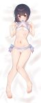  1girl aa211108 bare_shoulders barefoot biting biting_clothes black_hair blush clothes_lift dakimakura_(medium) flat_chest hair_bun highres idolmaster idolmaster_shiny_colors looking_at_viewer morino_rinze navel red_eyes sailor_bikini sailor_collar sailor_swimsuit_(idolmaster) short_hair solo thighs 