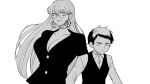  1boy 1girl black_dress breasts cleavage dress fabricant_100 fabricant_number_100 glasses greyscale highres large_breasts long_hair looking_at_viewer mannma17 monochrome short_hair standing stitched_neck stitches upper_body vest white_background yao_ashibi 
