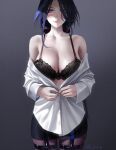  1girl artist_name bare_shoulders black_bra black_pantyhose black_skirt blue_hair bra breasts cleavage clorinde_(genshin_impact) closed_mouth dark_blue_hair english_commentary genshin_impact high-waist_skirt highres large_breasts light_blush lips long_hair long_sleeves looking_at_viewer low_ponytail m_alexa meme off_shoulder pantyhose partially_unbuttoned pencil_skirt purple_eyes shirt skirt solo straight-on thigh_strap underwear undressing white_shirt 