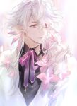  1boy black_shirt cloak e_(h798602056) fate/grand_order fate_(series) flower highres looking_to_the_side male_focus merlin_(fate) neck_ribbon pink_eyes pink_flower pink_ribbon pointy_ears ribbon shirt smile solo upper_body white_cloak white_hair 