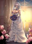  1girl alternate_costume bare_shoulders blue_eyes bouquet breasts brid_(nikke) bridal_veil bride cleavage collarbone commission curtains dress earrings elbow_gloves english_commentary flower full_body gloves goddess_of_victory:_nikke green_hair grey_hair hair_between_eyes hair_over_one_eye high_heels holding holding_bouquet indoors jewelry large_breasts long_hair looking_at_viewer low_ponytail mole mole_on_breast multicolored_hair noiretox second-party_source shoulder_tattoo sidelocks smile solo standing strapless strapless_dress sunset tattoo two-tone_hair veil wedding wedding_dress white_dress white_footwear white_gloves window 