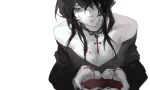  black_hair blood blood_on_hands colored_skin cross cross_necklace hair_over_one_eye highres jewelry jiao_chang necklace pale_skin red_eyes white_background white_skin 