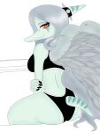  2023 amber_eyes anthro breasts bubble_butt butt claws clothed clothing crop_top curvy_figure digital_drawing_(artwork) digital_media_(artwork) dinosaur eyelashes eyeliner fang_(gvh) feathered_wings feathers female fingers goodbye_volcano_high grey_body grey_scales hair hi_res jorgeroman574 long_hair looking_at_viewer looking_back looking_back_at_viewer makeup midriff panties pterodactylus pterosaur reptile scales scalie shirt short_tail silver_hair simple_background sitting skimpy smile snoot_game snout solo tail topwear underwear wings 