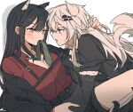  2girls animal_ears arknights arm_around_shoulder black_hair black_jacket black_shorts blush breasts cleavage collared_shirt dress_shirt extra_ears green_necktie grey_eyes hair_ornament hairclip jacket lappland_(arknights) lappland_(refined_horrormare)_(arknights) long_hair long_sleeves loose_necktie medium_breasts mouth_hold multiple_girls necktie necktie_in_mouth official_alternate_costume open_clothes open_jacket open_mouth reclining red_shirt seri_(vyrlw) shirt shorts sidelocks simple_background striped_necktie sweatdrop tail teeth texas_(arknights) texas_(willpower)_(arknights) upper_teeth_only white_background white_hair wolf_ears wolf_girl wolf_tail yellow_eyes yuri 