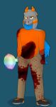  absurd_res anthro blood blue_scarf bodily_fluids bottomwear bovid caprine clothing cookware floppy_ears frying_pan fur goat grey_body grey_fur grin gusta gusta_(gusta) hair hi_res hoodie horn khaki_pants kitchen_utensils looking_at_viewer male mammal melee_weapon narrowed_eyes nosebleed orange_clothing orange_eyes orange_hoodie orange_horn orange_stripes orange_topwear pants scarf smile solo standing stripes tools topwear torn_bottomwear torn_clothing torn_pants torn_topwear weapon wounded 