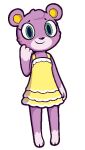  2023 animal_crossing anthro bear biped blush brown_eyes clothed clothing countershade_fur countershading digital_drawing_(artwork) digital_media_(artwork) dress female freckles fur green_eyes knaxley mammal megan_(animal_crossing) nintendo purple_body purple_fur simple_background smile solo white_background yellow_clothing yellow_dress 