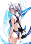  1girl absurdres animal_ear_fluff animal_ears ass bag black_one-piece_swimsuit blue_archive blue_eyes breasts competition_swimsuit covered_navel cross_hair_ornament extra_ears from_behind grey_hair hair_ornament halo highres looking_at_viewer looking_back low_ponytail medium_breasts medium_hair mismatched_pupils multicolored_clothes multicolored_swimsuit official_alternate_costume one-piece_swimsuit sawwei005 shiroko_(blue_archive) shiroko_(swimsuit)_(blue_archive) solo standing swimsuit wolf_ears 