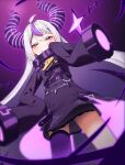  1girl ahoge ascot black_coat blush braid braided_bangs coat collar demon_horns fang hair_between_eyes hand_on_own_face hand_on_own_hip highres hololive horns jacket la+_darknesss la+_darknesss_(1st_costume) long_hair long_sleeves looking_at_viewer metal_collar multicolored_hair overlord_(overlord80000) pointy_ears purple_background purple_coat purple_hair purple_jacket purple_thighhighs single_thighhigh sleeves_past_fingers sleeves_past_wrists smile smug solo standing streaked_hair striped_horns teeth thighhighs very_long_hair virtual_youtuber white_hair wide_sleeves yellow_ascot yellow_eyes 