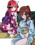  2girls alternate_costume alternate_hairstyle black_ribbon blue_eyes blue_kimono blunt_bangs blush brown_hair butterfly_hair_ornament cherry_blossom_print closed_mouth clothes_lift commentary eyebrows_hidden_by_hair eyelashes floral_print flying_sweatdrops frown go-toubun_no_hanayome hair_ornament hair_over_one_eye hair_ribbon highres japanese_clothes kimono kimono_lift lifted_by_self long_hair long_sleeves looking_at_viewer mame1645 medium_hair multiple_girls nakano_miku nakano_nino open_mouth pink_hair ponytail purple_kimono ribbon siblings sidelocks simple_background sisters sitting smile sound_effects sweat sweatdrop tabi twins two_side_up white_background wide_sleeves yukata 
