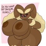  4_fingers absurd_res alpha_channel anthro areola big_breasts breasts brown_areola brown_body brown_fur brown_nipples chubby_female english_text eyewear female fingers fluffy_ears fur generation_4_pokemon glasses hi_res huge_breasts huge_thighs hyper hyper_breasts lopunny mature_female nintendo nipples pokemon pokemon_(species) raccoonuki sketch solo text thick_thighs toony 