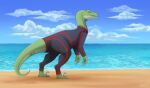  beach claws clothed clothing cloud dinosaur dromaeosaurid feral furgonomics green_body green_eyes green_scales hi_res jenery male neck_tattoo outside reptile sand scales scalie science_fiction sea seaside sickle_claw solo stranded tail_tattoo tattoo theropod toe_claws velociraptor water 