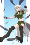  1girl absurdres bald_eagle_(kemono_friends) bare_arms belt bird_girl bird_tail bird_wings black_belt black_footwear black_gloves black_wings blonde_hair blue_background boots camouflage camouflage_shirt camouflage_shorts commentary feathers fingerless_gloves gloves gradient_background gradient_hair grey_hair hair_between_eyes head_wings highres japari_symbol_print kemono_friends long_hair midriff multicolored_hair navel parted_lips print_shirt print_shorts shirt short_shorts short_sleeves shorts simple_background smile solo tail tanabe_(fueisei) thigh_boots tied_shirt white_hair wings yellow_eyes 