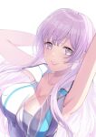  1girl absurdres arm_behind_head armpits arms_up bare_arms bare_shoulders breasts cleavage collarbone commentary d4dj floating_hair grey_eyes grey_shirt grin highres izumo_saki kzu_(kougami) large_breasts long_hair looking_at_viewer parted_lips partially_unzipped purple_hair see-through shirt sidelocks simple_background sleeveless sleeveless_shirt smile solo upper_body white_background white_shirt 