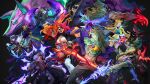  4girls 5boys abs animal animal_ears black_background black_jacket blonde_hair brown_hair claws clenched_teeth closed_mouth collarbone colored_skin cropped_jacket dark-skinned_male dark_skin dress evelynn_(league_of_legends) eyepatch feet_out_of_frame fingerless_gloves gloves glowing_skin green_skin grin gun gwen_(league_of_legends) highres holding holding_gun holding_weapon jacket jacket_on_shoulders jhin league_of_legends long_hair long_sleeves looking_at_viewer lux_(league_of_legends) mask midriff miniskirt multicolored_clothes multicolored_hair multicolored_jacket multiple_boys multiple_girls muscular muscular_male naafiri navel open_clothes open_jacket pants pleated_skirt purple_jacket pyke_(league_of_legends) red_gloves red_hair red_jacket red_lips red_skin samira sett_(league_of_legends) shaco sharp_teeth short_hair skirt smile soul_fighter_(league_of_legends) soul_fighter_evelynn soul_fighter_gwen soul_fighter_jhin soul_fighter_lux soul_fighter_naafiri soul_fighter_pyke soul_fighter_samira soul_fighter_sett soul_fighter_shaco soul_fighter_viego staff stomach teeth two-tone_jacket viego_(league_of_legends) weapon wings wolf yellow_jacket 