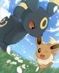  2023 ambiguous_gender black_body black_eyes brown_body brown_fur detailed_background duo eevee eeveelution feral flower fur generation_1_pokemon generation_2_pokemon grass hi_res nintendo one_eye_closed open_mouth plant pokemon pokemon_(species) quadruped red_sclera rumine sky smile umbreon yellow_body 