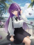  1girl absurdres adjusting_hair artist_name bag black_bow black_bowtie black_skirt bow bowtie closed_mouth fern_(sousou_no_frieren) highres looking_at_viewer mashiro_arts ocean palm_tree purple_eyes purple_hair shirt shirt_tucked_in shoulder_bag sitting skirt sky solo sousou_no_frieren tented_shirt traditional_bowtie tree white_shirt 