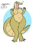  &lt;3 4_toes 5_fingers alligator alligatorid anthro big_breasts breasts crocodilian digital_media_(artwork) dubindore feet female fingers full-length_portrait gesture green_body green_scales hi_res looking_at_viewer navel nipples nude open_mouth open_smile portrait pupils reptile scales scalie simple_background slit_pupils smile solo teeth thick_thighs toes tongue v_sign 