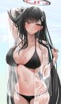  1girl absurdres alternate_costume bikini black_bikini black_hair blue_archive blush breasts bright_pupils hair_ornament hairclip halo highres large_breasts long_hair navel open_clothes open_shirt red_eyes rio_(blue_archive) see-through see-through_shirt sideboob solo stomach swimsuit very_long_hair wet white_pupils yuki_(asayuki101) 