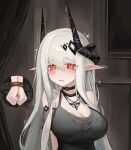  1girl @_@ arknights black_dress blush bound bound_wrists breasts cleavage cross_pendant dress ear_blush earrings highres horns jewelry large_breasts long_hair mudrock_(arknights) mudrock_(obsidian)_(arknights) panicking pendant pointy_ears red_eyes rope white_hair 