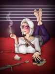 absurdres bad_source barefoot breasts ciri crossover feet gwent_(game) highres pulp_fiction soles solo teasing the_witcher_(series) witch 