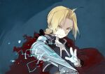  1boy black_shirt blonde_hair blue_background braid closed_mouth coat coat_on_shoulders edward_elric electricity fullmetal_alchemist gloves long_hair male_focus mechanical_arms red_coat shirt single_mechanical_arm solo soto white_gloves yellow_eyes 