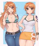 2girls ;p ahoge bare_arms bare_shoulders belt bikini bikini_top_only black_belt blush bracelet breasts brown_eyes camisole cleavage commentary cowboy_shot denim dual_persona hand_on_own_hip highres jeans jewelry large_breasts long_hair looking_at_viewer miniskirt multiple_girls nami_(one_piece) navel one_eye_closed one_piece orange_hair orange_skirt pants pencil_skirt purrlucii short_hair skirt smile spaghetti_strap standing stomach swimsuit thighs tongue tongue_out very_long_hair 