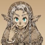  1girl akanbe aqua_eyes bracelet braid ear_piercing elf finger_to_eye hair_ornament hairclip highres jewelry long_hair looking_at_viewer momochichi77 original piercing pointy_ears ring sepia solo tongue tongue_out twin_braids 