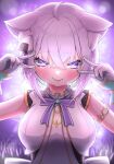 1girl absurdres ahoge animal_ear_fluff animal_ears blush breasts cat_ears cat_girl cleavage double_v fang food-themed_hair_ornament gloves hair_ornament highres hololive hololive_idol_uniform large_breasts looking_at_viewer nekomata_okayu onigiri_hair_ornament purple_eyes purple_hair shirt sleeveless sleeveless_shirt smile solo tkc_(user_snjd8547) tongue tongue_out v vest virtual_youtuber white_gloves white_shirt white_vest 